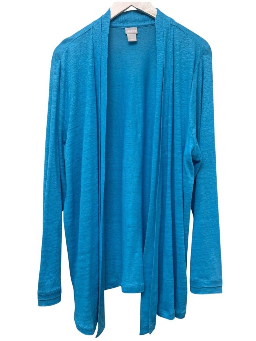 Chico's 100% Linen Cardigan XL Turquoise Blue Open Front Light Sweater Duster